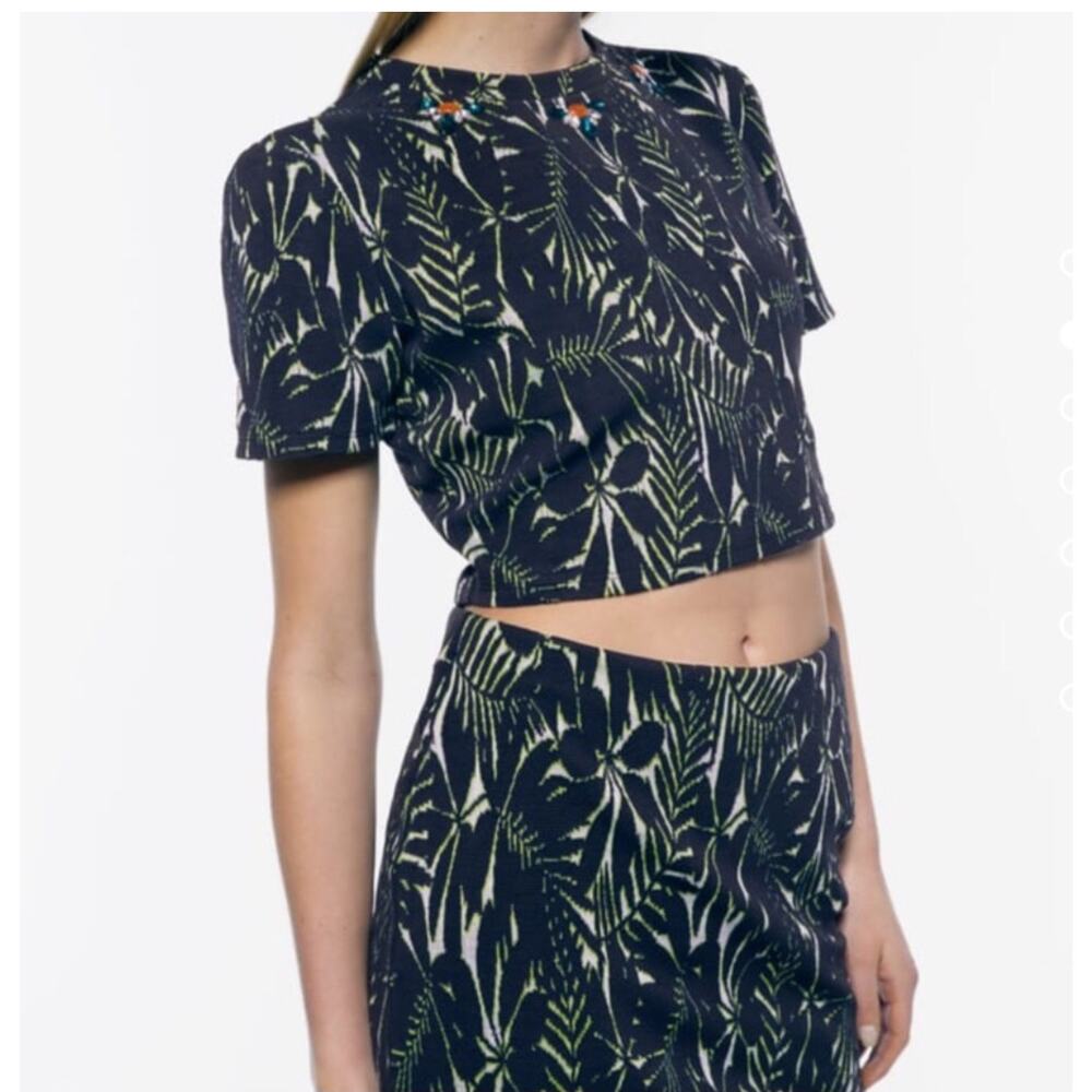Zara Navy Mini Dress with Green Leaf Print